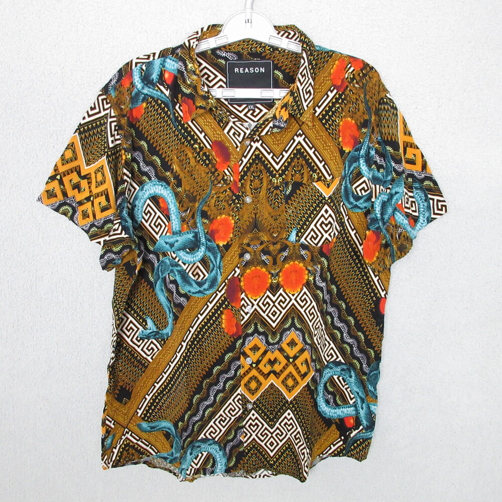REASON Mens Button Down Shirt Size XXL Black Gold Snake Graphic Streetwear Urban